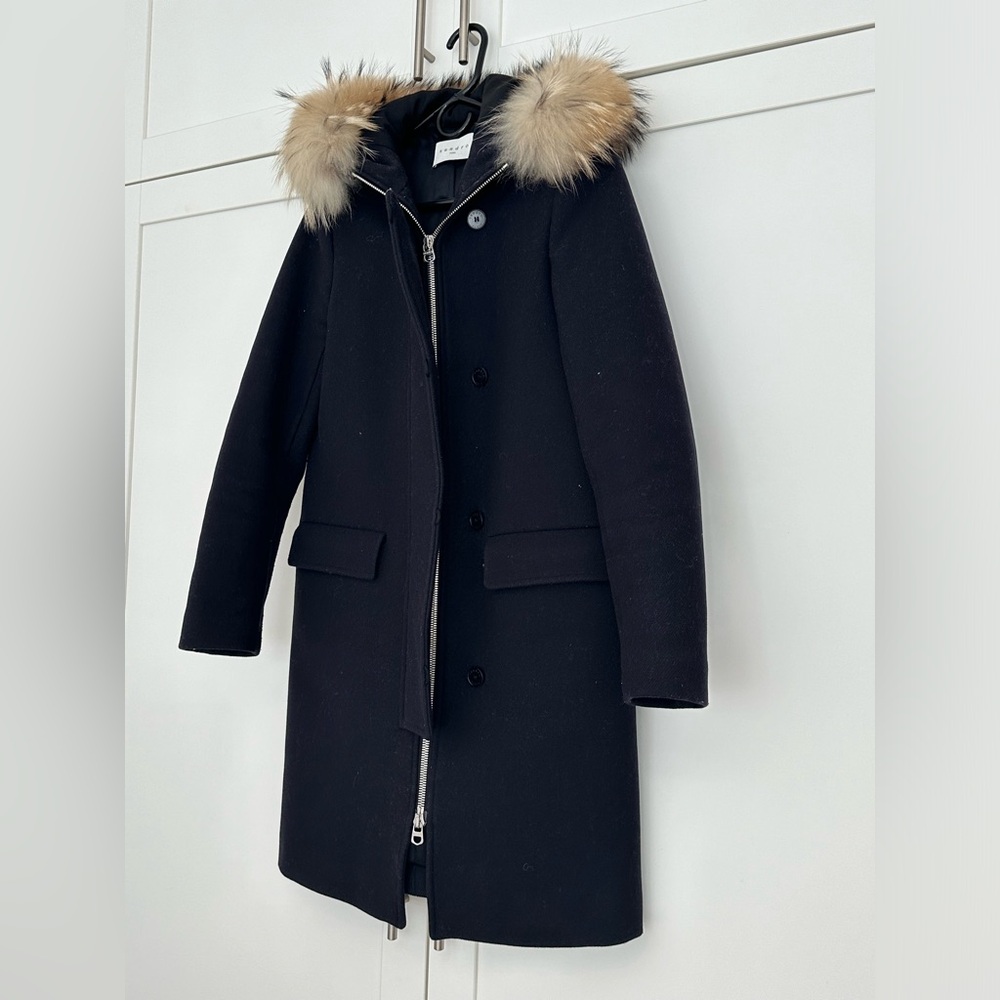 Sandro virgin wool coat with hood and racoon fur size 36 (size 2) color navy